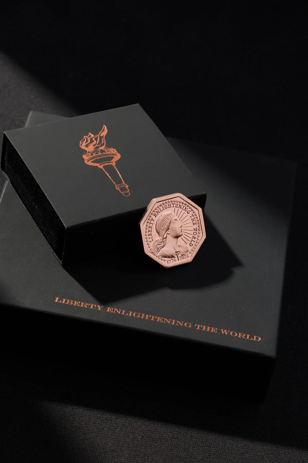 Real Liberty Copper coin with presentation box featuring Liberty Enlightening the World